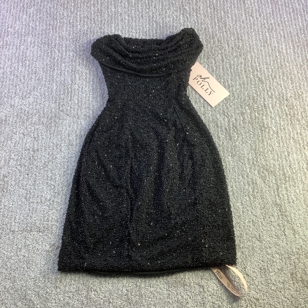Oh Polly Black Sequin Beaded Cowl Neck Strapless Mini Dress Size 0 NWT